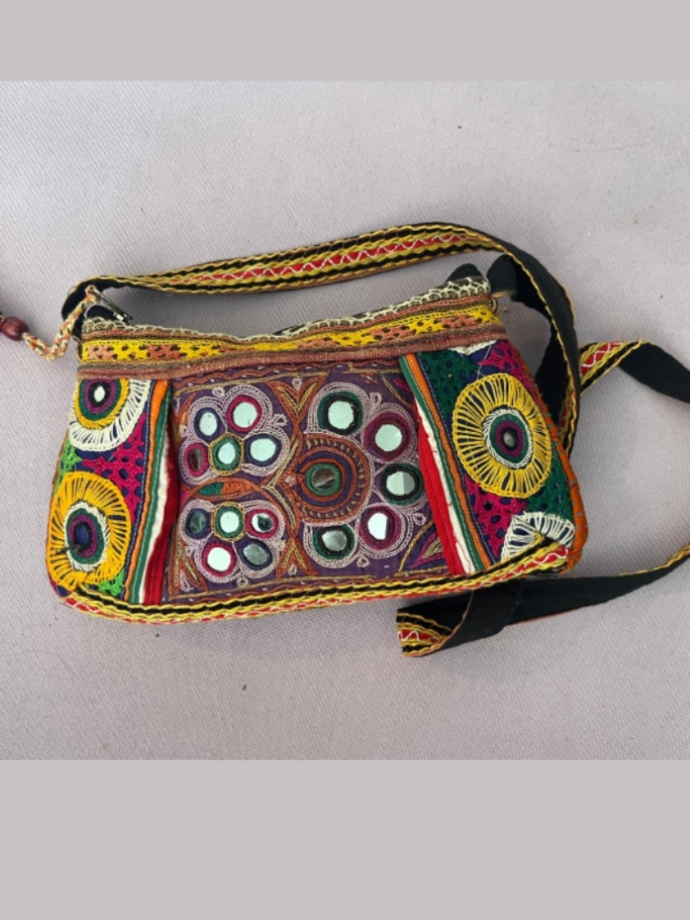 Vintage Embroidered Mirror Crossbody Bag | Colorful Tribal India